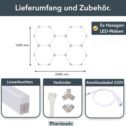 Hexagon LED-Deckenleuchte 5er Set - perfekt für Garage, Werkstatt, Salon