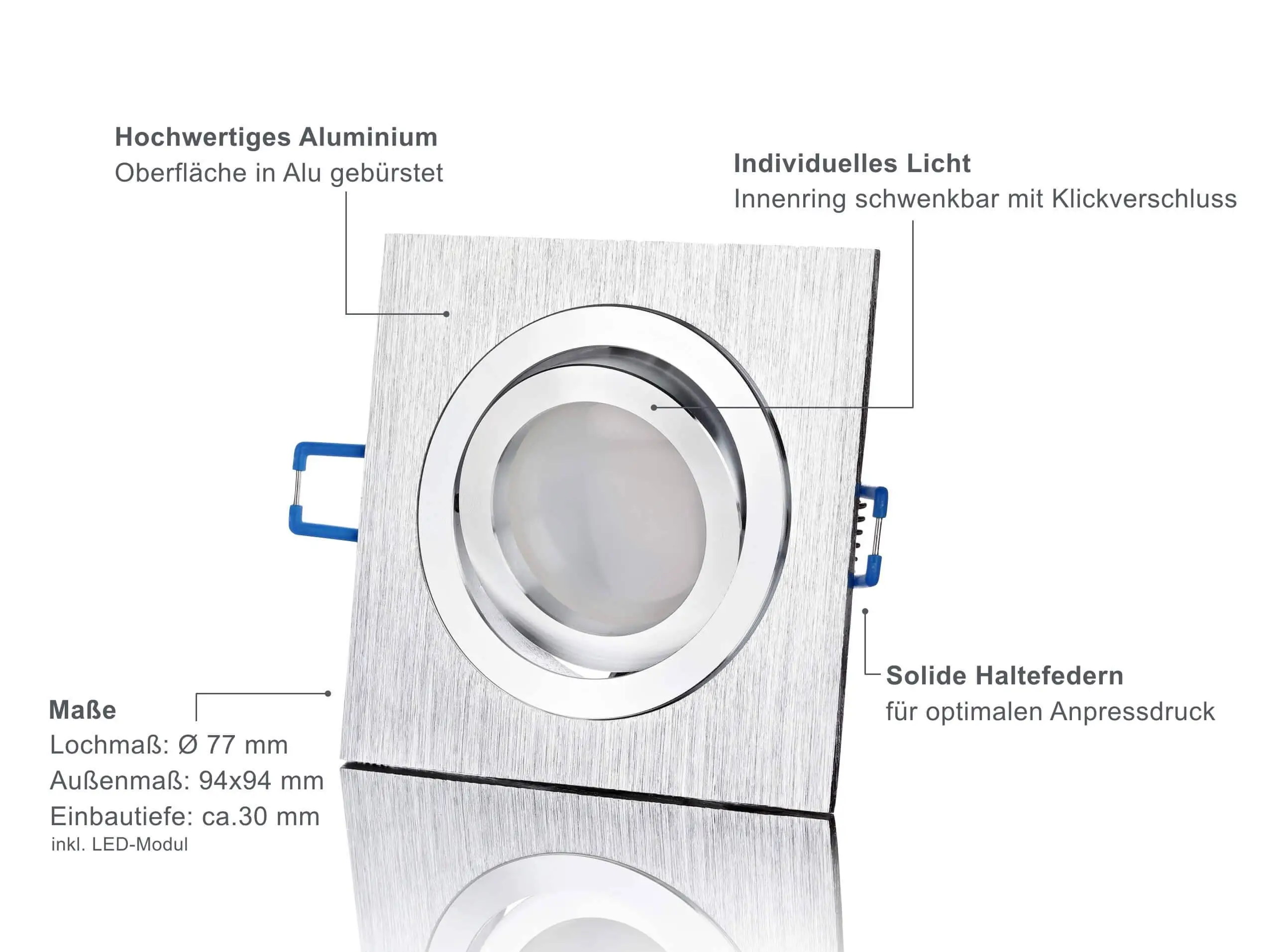 LED Einbaustrahler Flach - Alu gebürstet Eckig 5W Dimmbar 120° - Designo