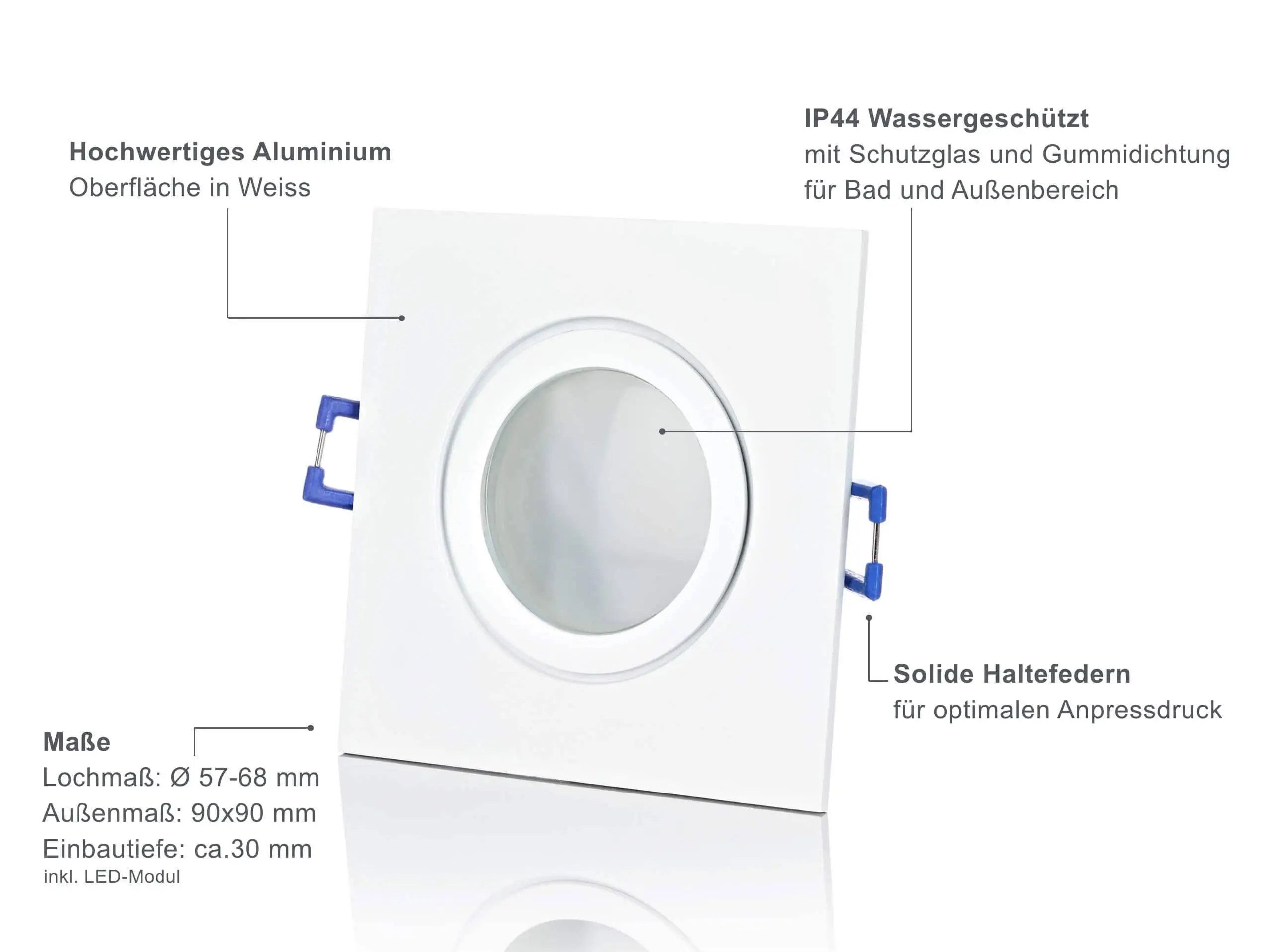 LED Einbaustrahler Flach IP44 - Weiß Eckig 5W Dimmbar 120° - Agua