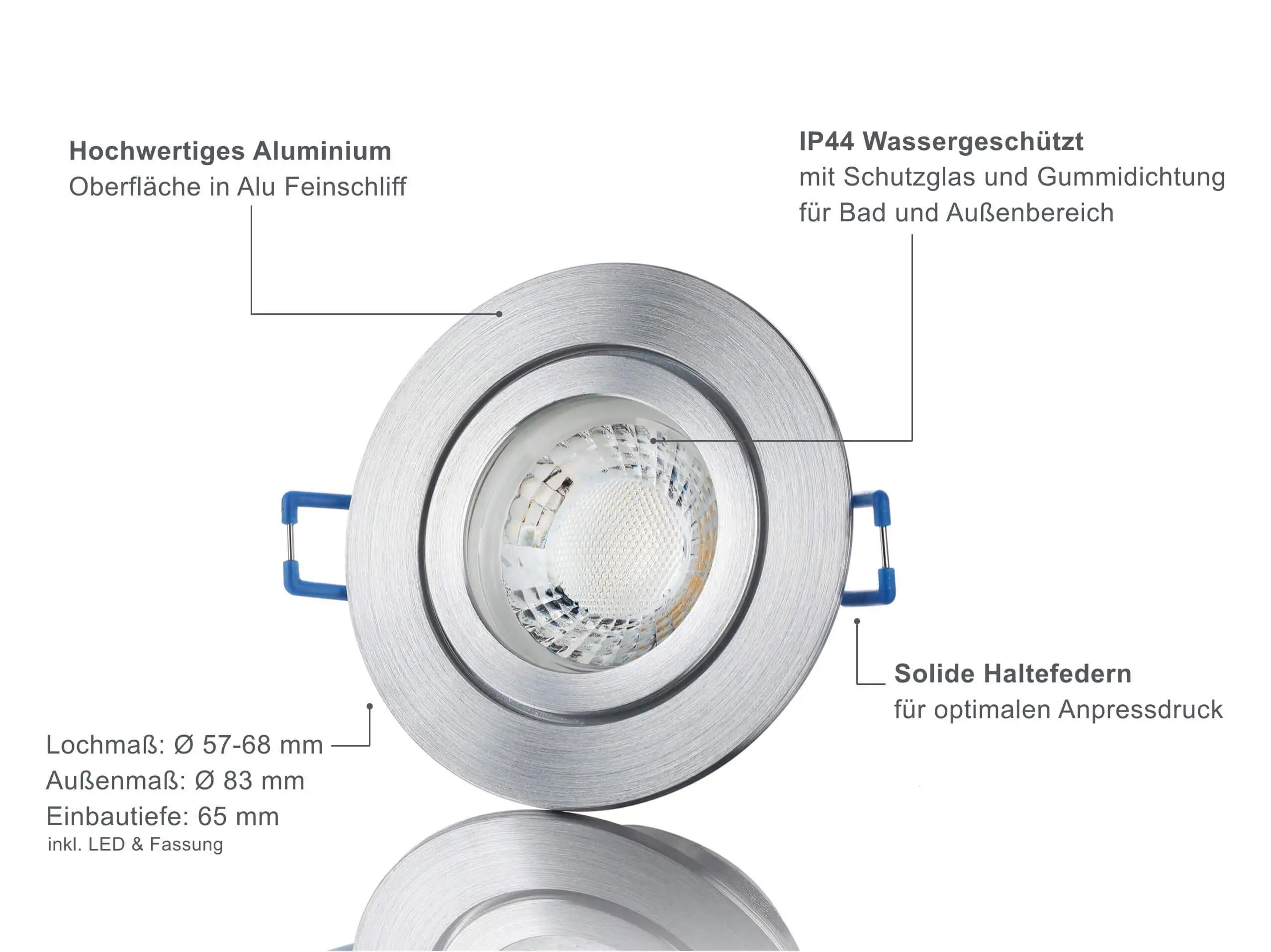 LED Einbaustrahler IP44 - Alu Feinschliff Rund 5W GU10 LED - Agua