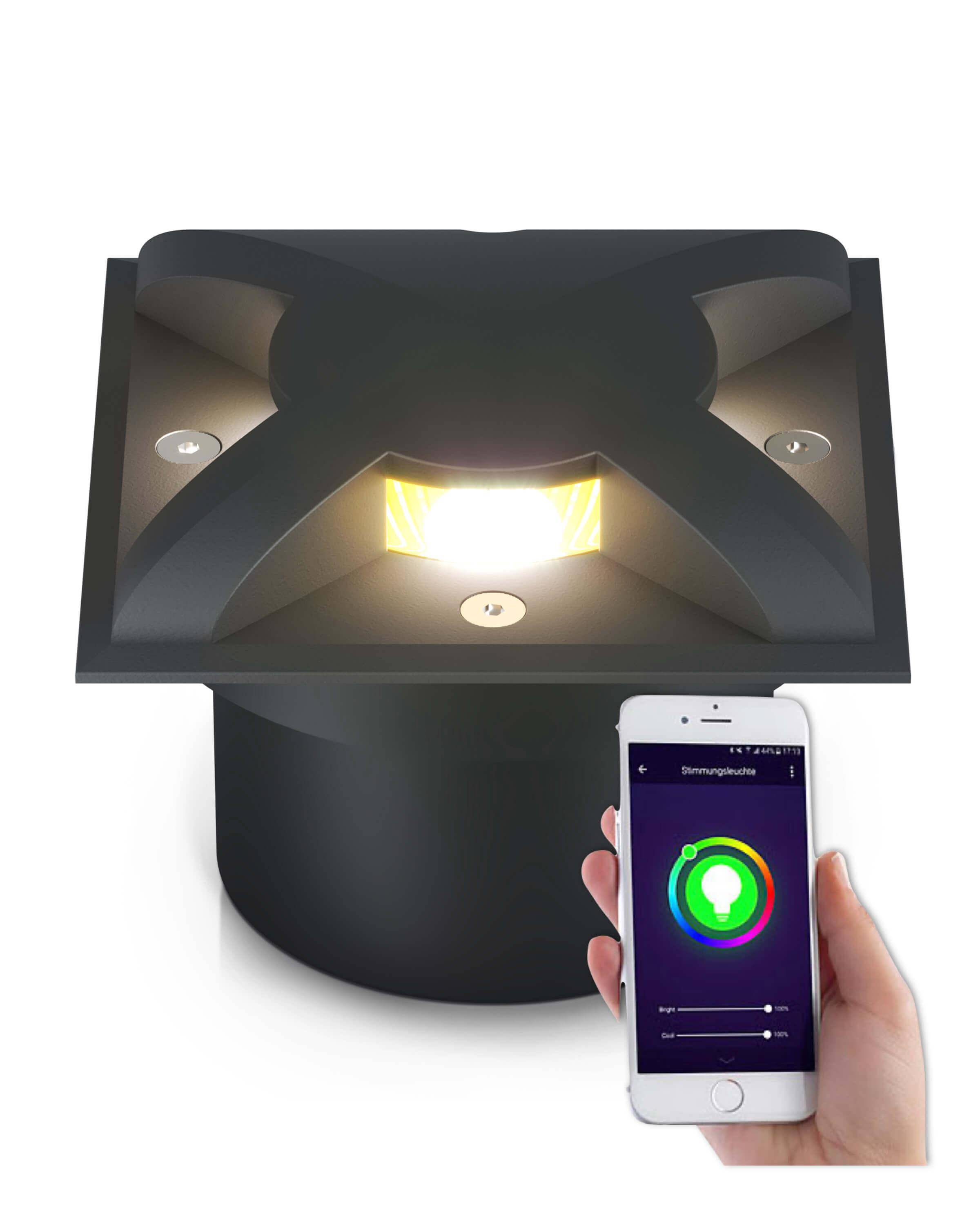 LED Bodenleuchte flach quadratisch schwarz 3-flammig mit RGB Farbwechsel - Smart Home Alexa & Google