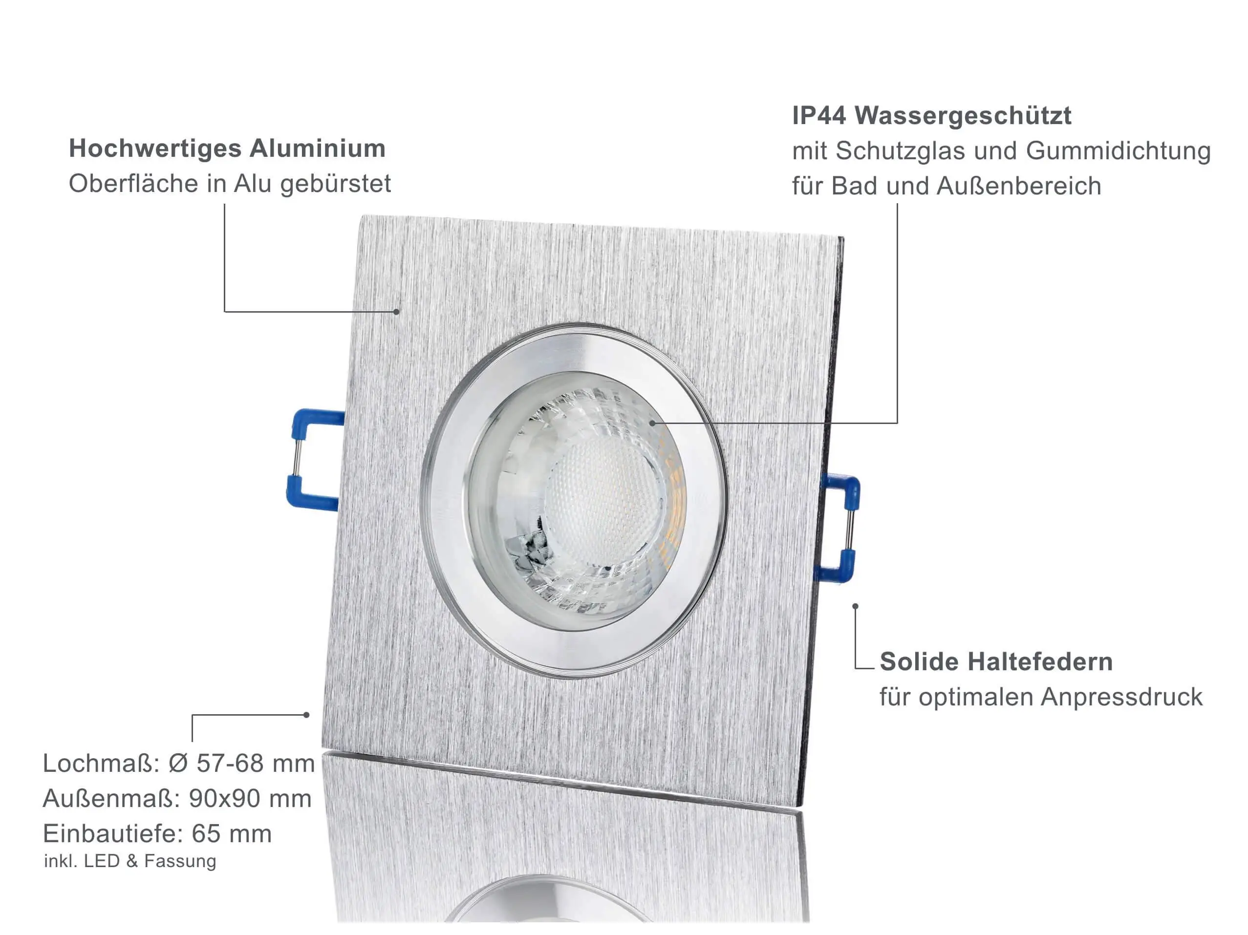 LED Einbaustrahler IP44 - Alu gebürstet Eckig 5W GU10 LED - Banja