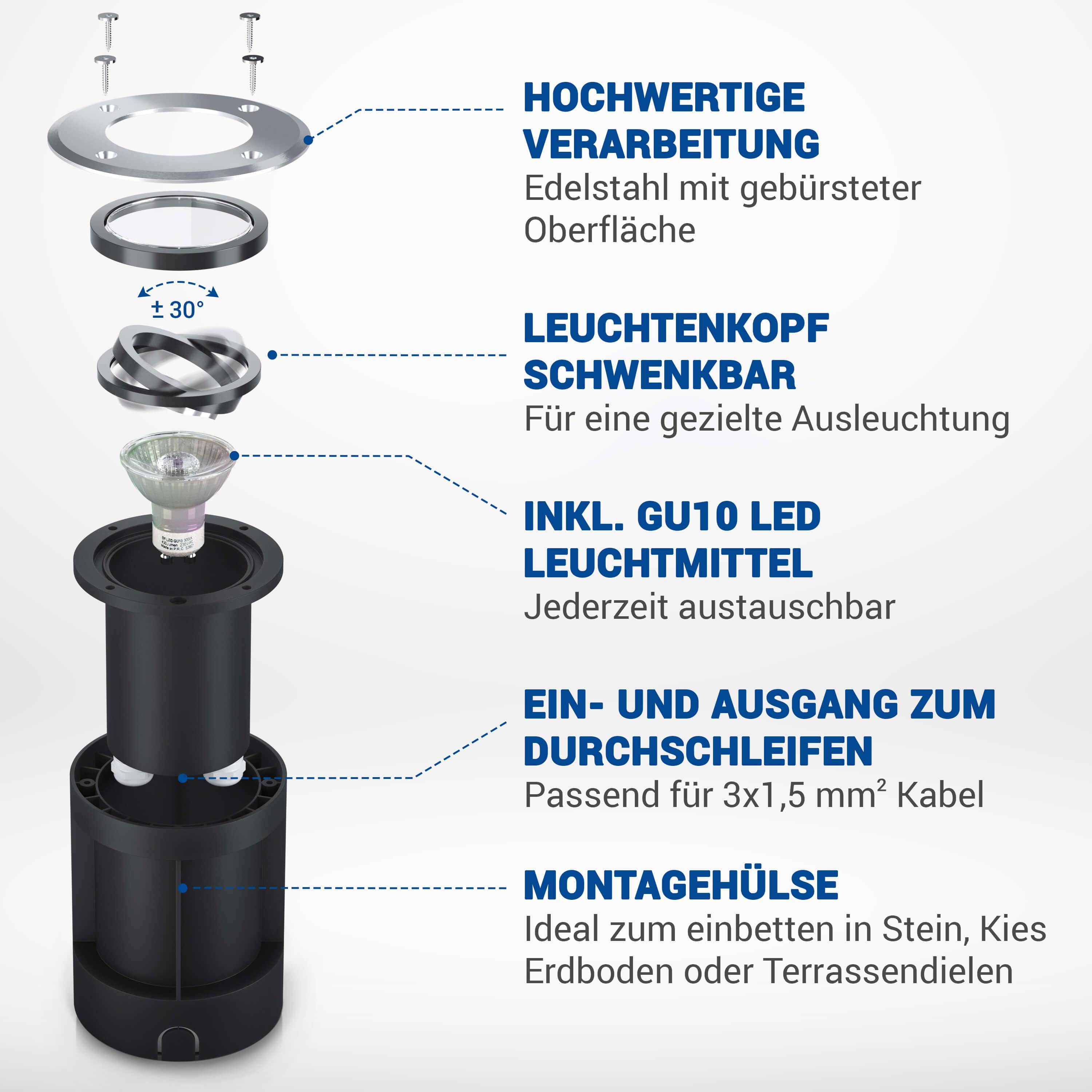 LED Bodeneinbaustrahler IP67 - Edelstahl gebürstet Rund - 230V 5W Dimmbar