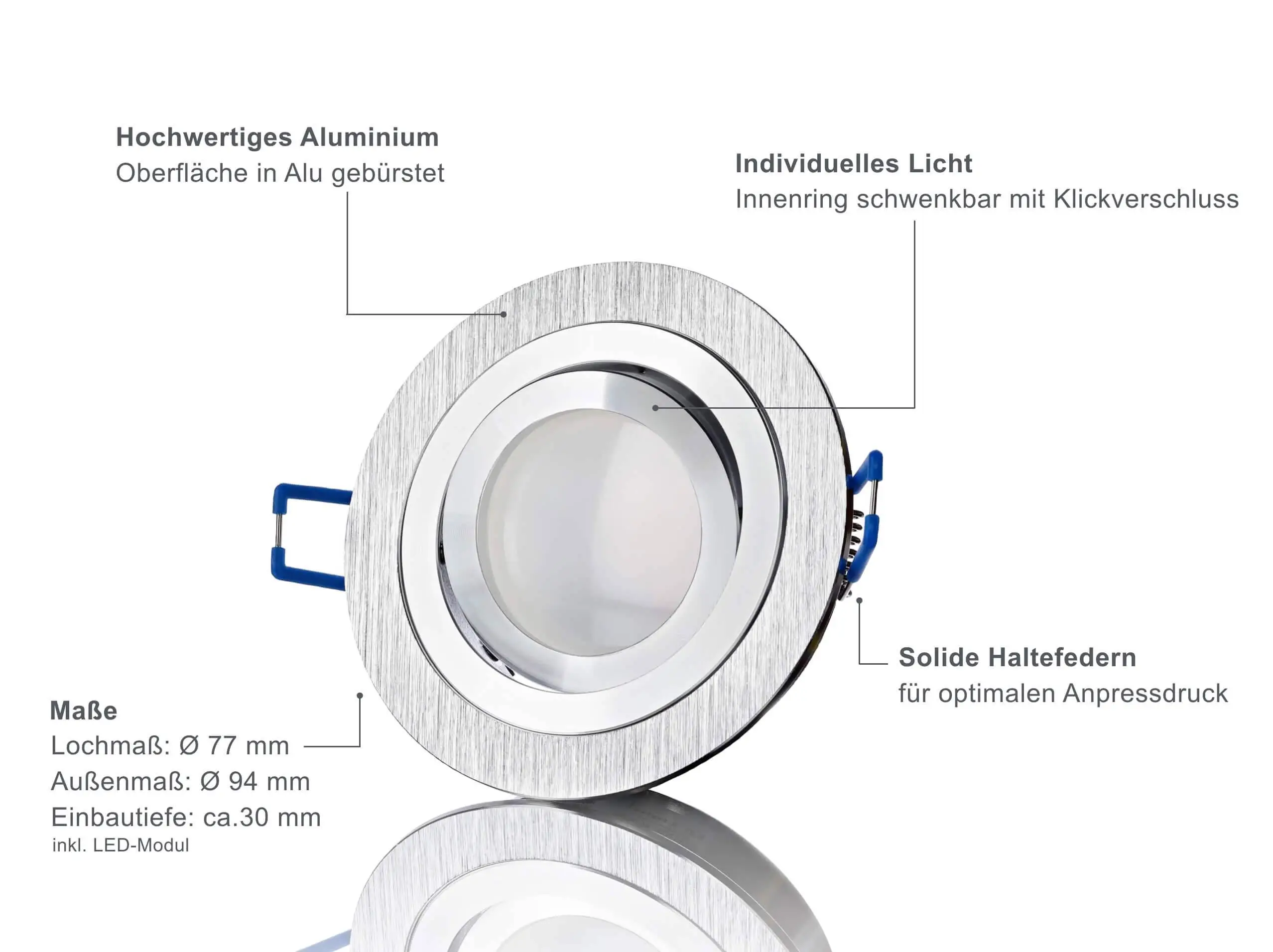 LED Einbaustrahler Flach - Alu gebürstet Rund 5W Dimmbar 120° - Designo