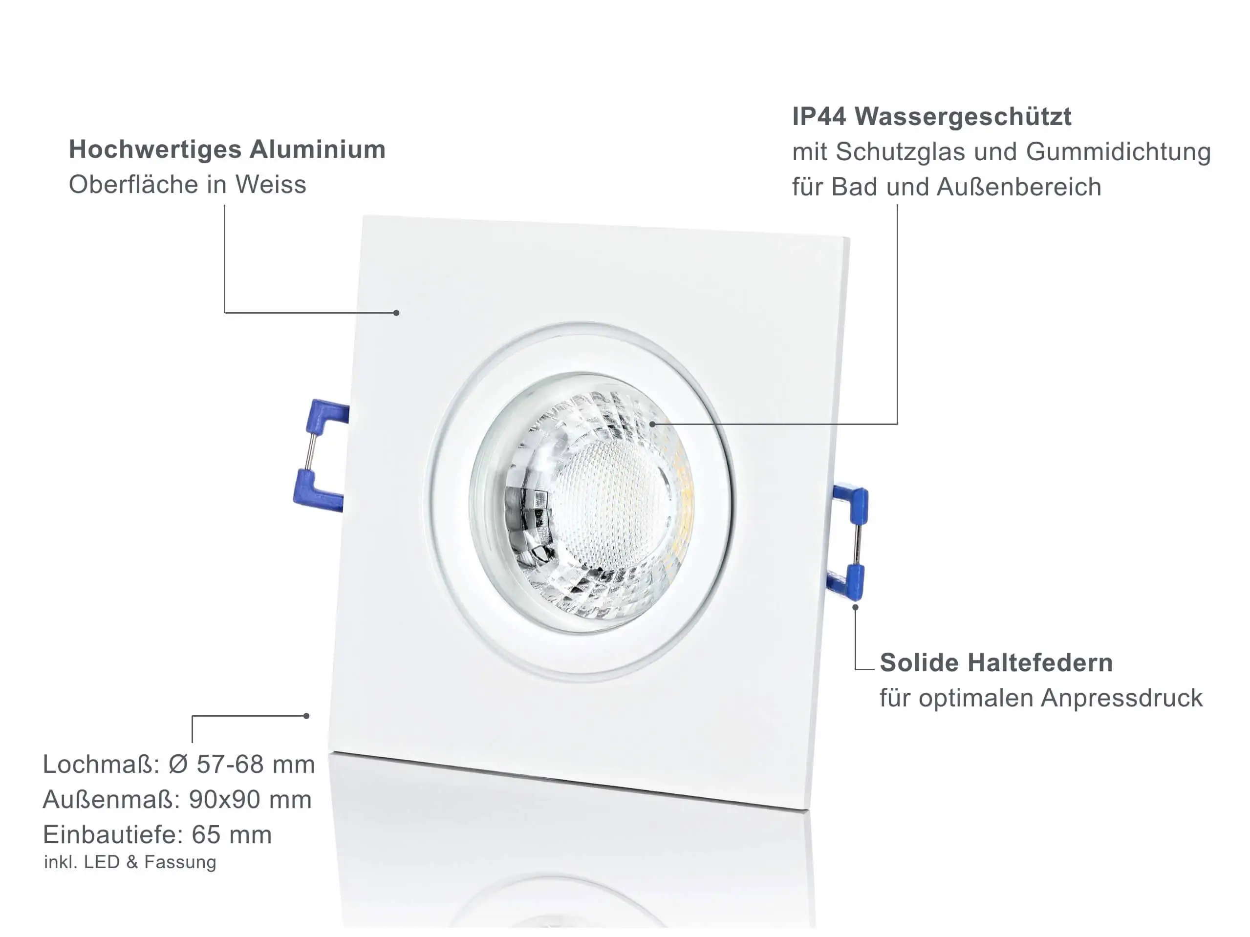 LED Einbaustrahler IP44 Dimmbar - Weiß Eckig 5W GU10 LED - Agua