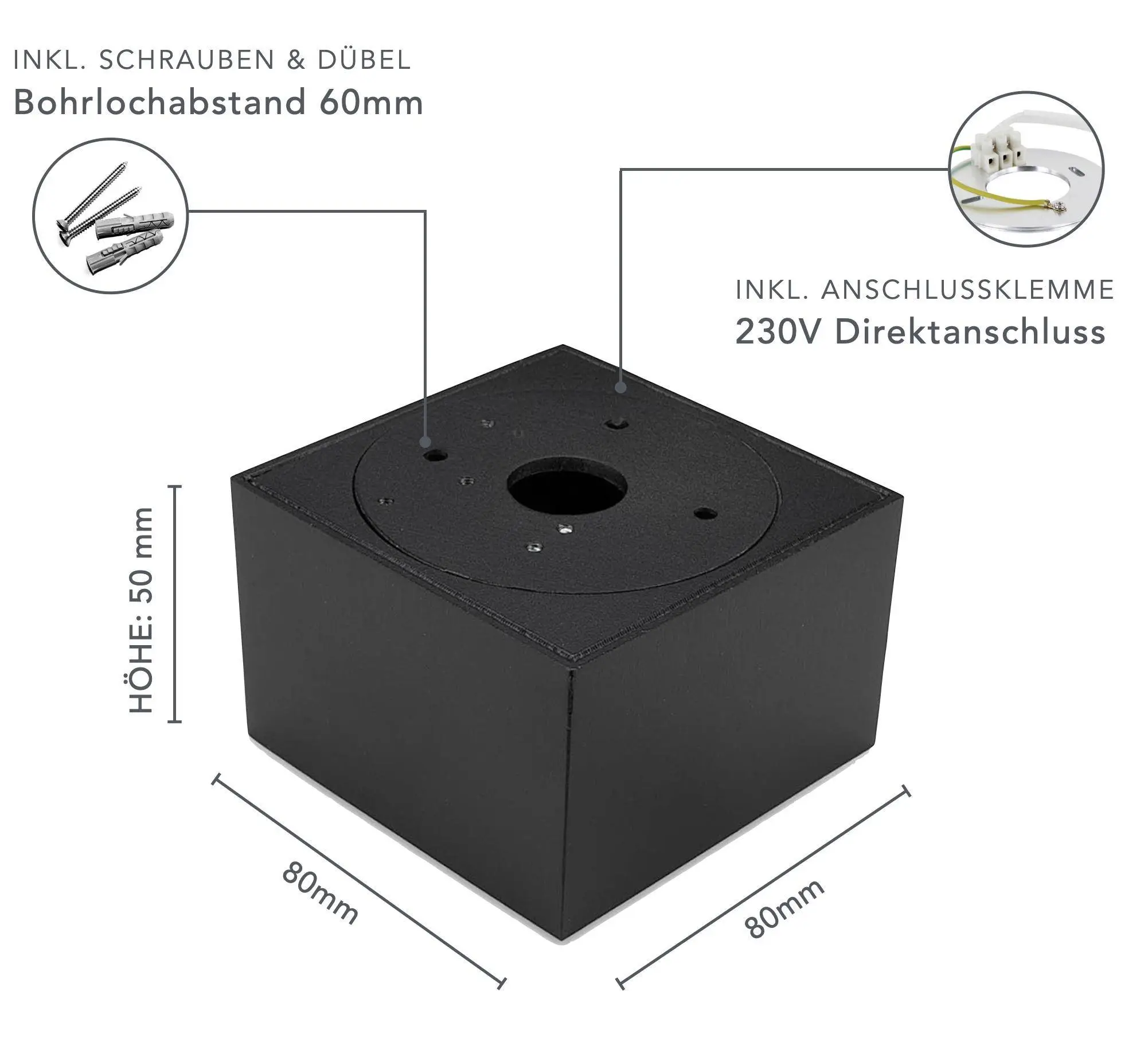 LED Aufbaustrahler Flach - Alu Schwarz Eckig 230V 5W Dimmbar 120° - Tablo