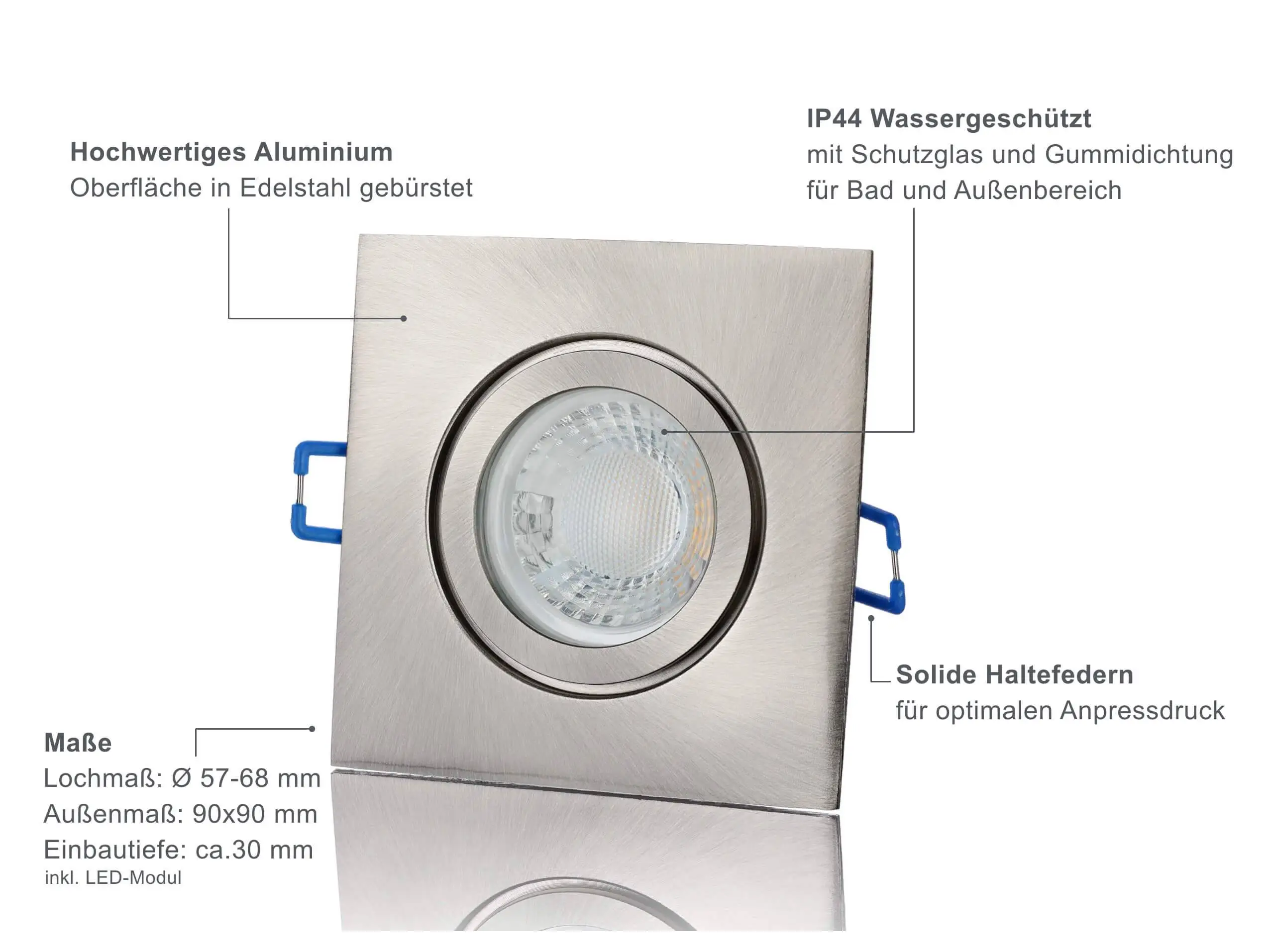 LED Einbaustrahler Flach IP44 - Edelstahl gebürstet Eckig 5W LED Dimmbar - Agua