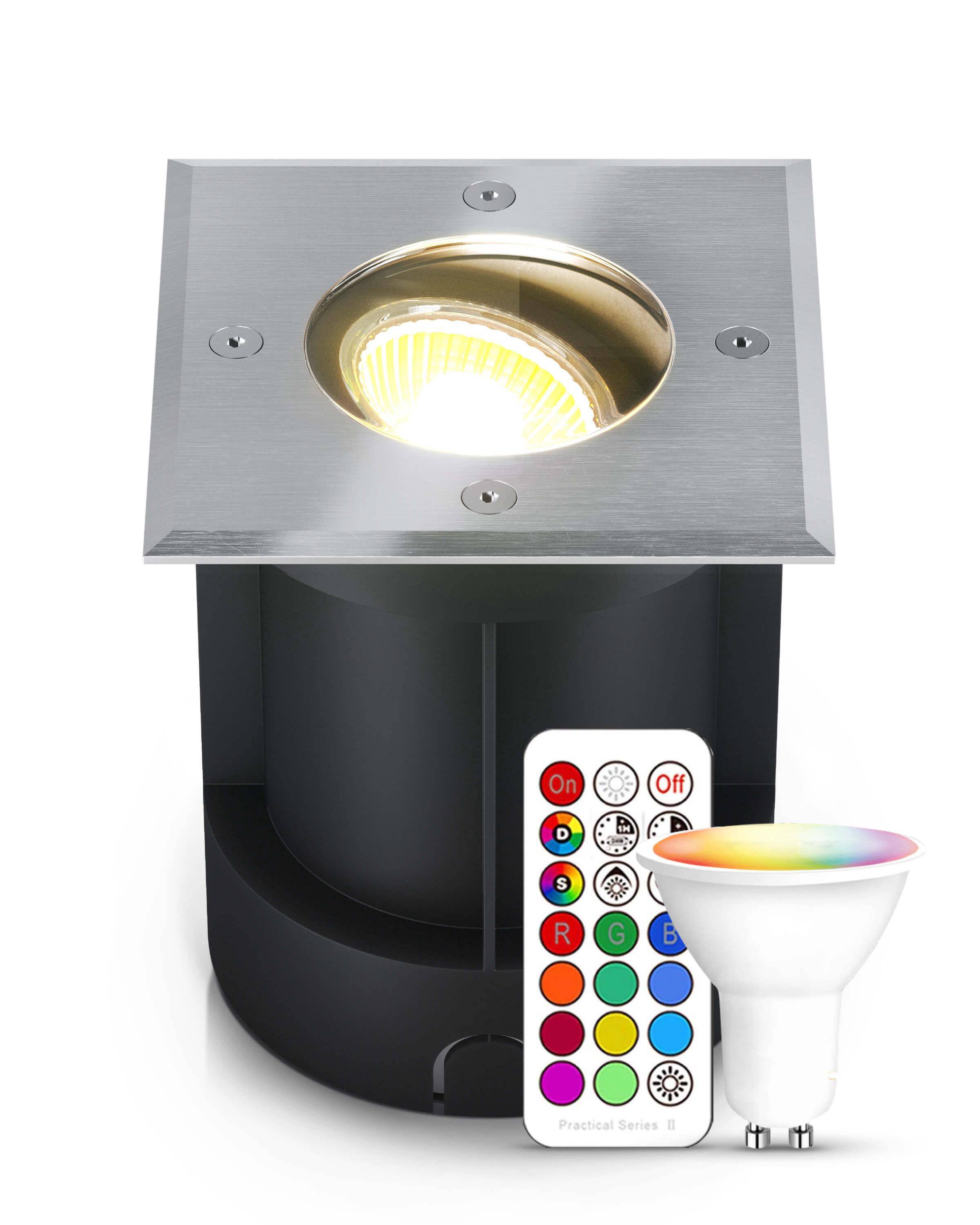 LED Bodenstrahler schwenkbar quadratisch IP67 mit RGB Farbwechsel 3W GU10