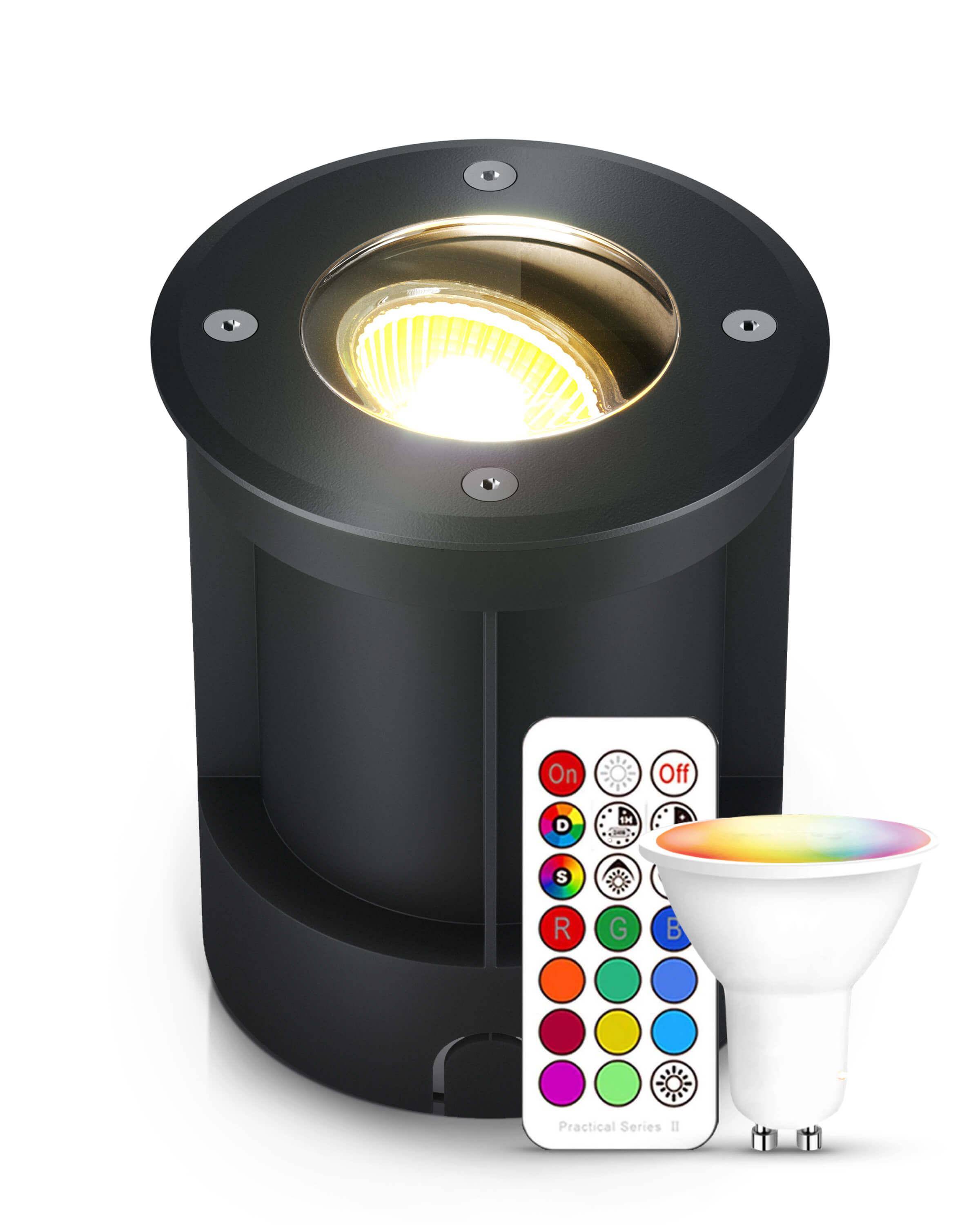 LED Bodenstrahler schwenkbar IP67 schwarz rund mit RGB Farbwechsel 3W GU10