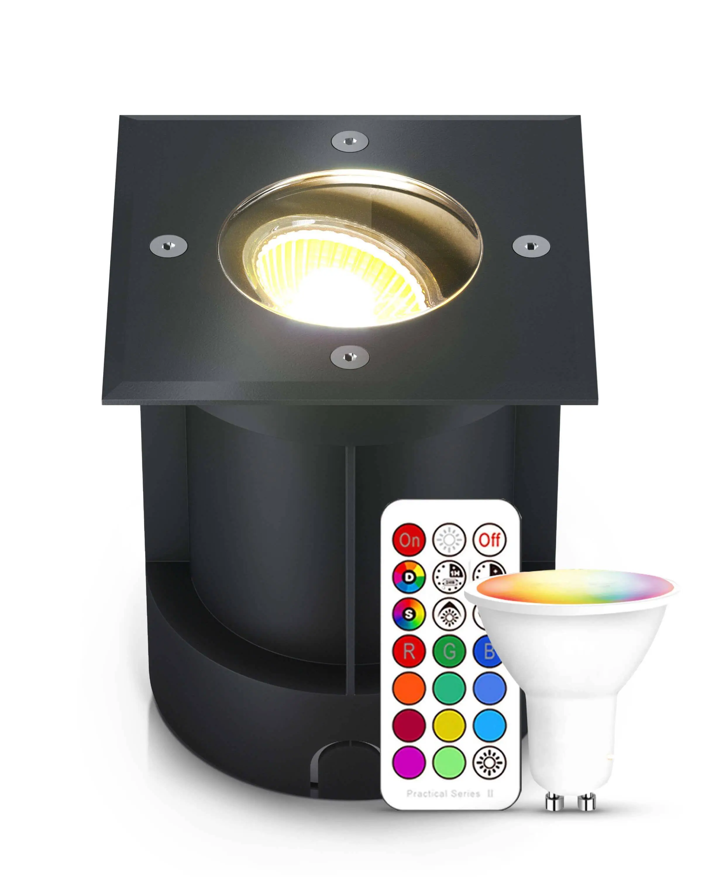 LED Bodenstrahler schwenkbar IP67 schwarz eckig mit RGB+CCT Farbwechsel 5W GU10