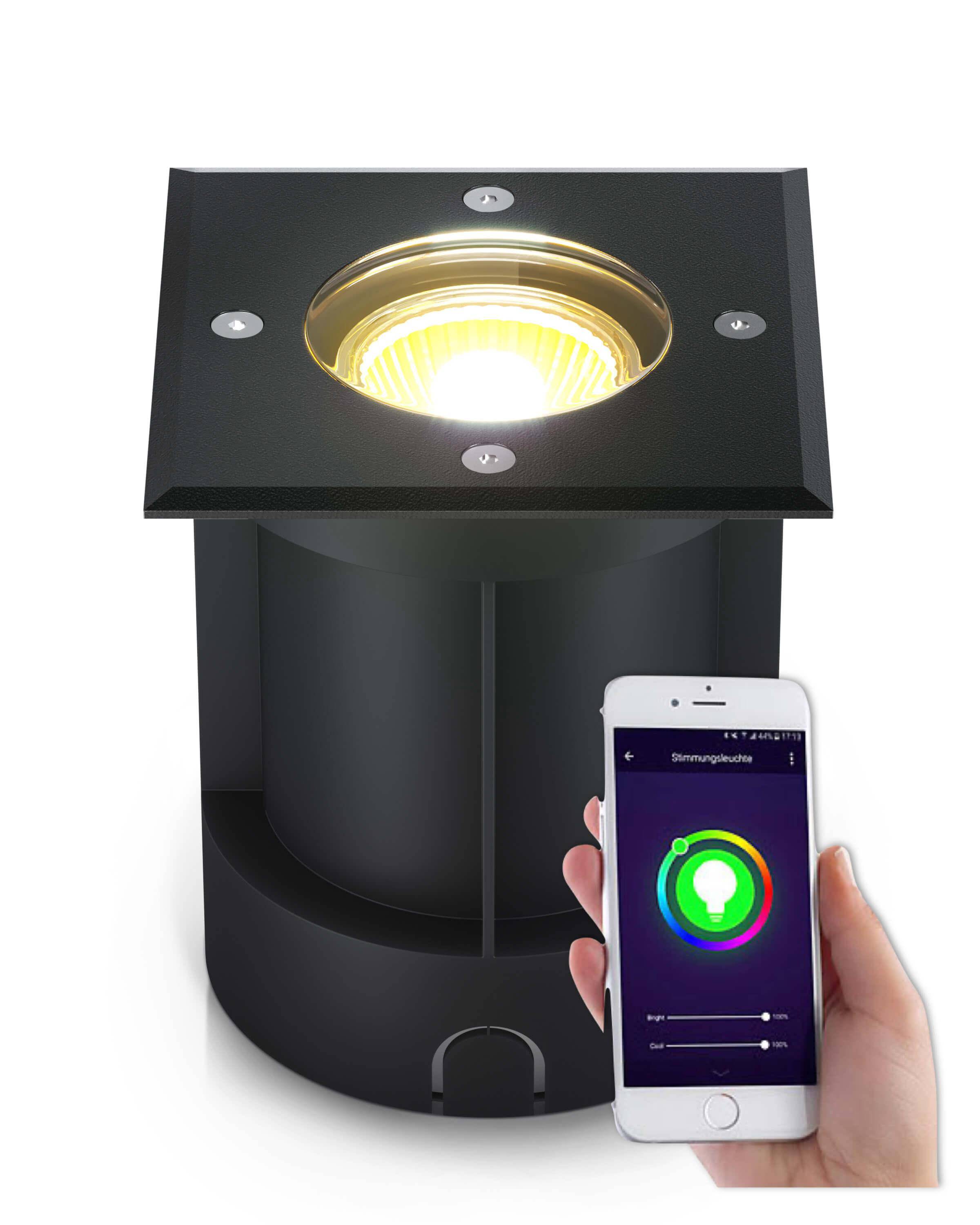 LED Bodenstrahler IP67 Schwarz eckig mit RGB Farbwechsel - Smart Home Alexa & Google