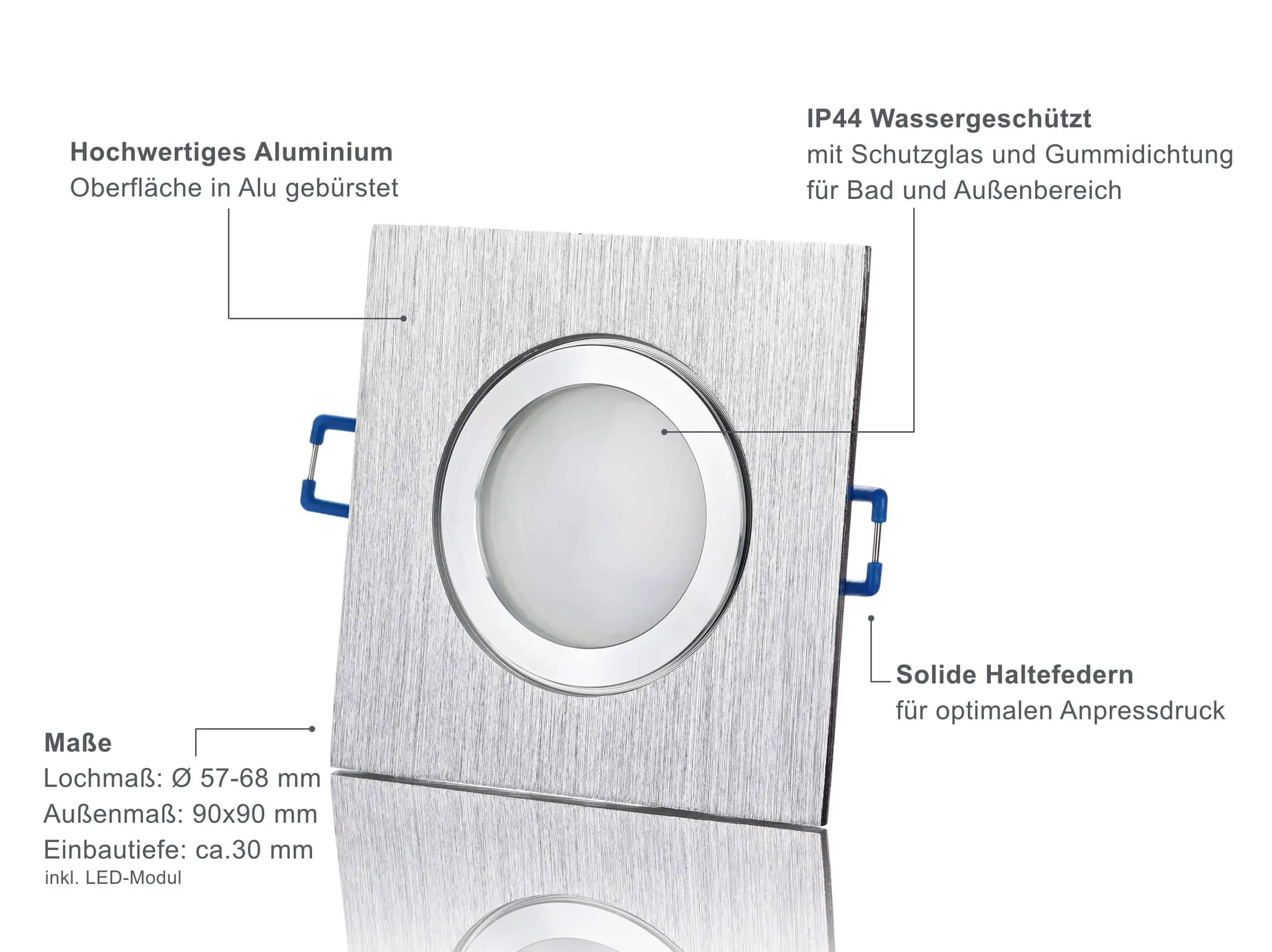 LED Einbaustrahler Flach IP44 - Alu gebürstet Eckig 5W Dimmbar 120° - Banja