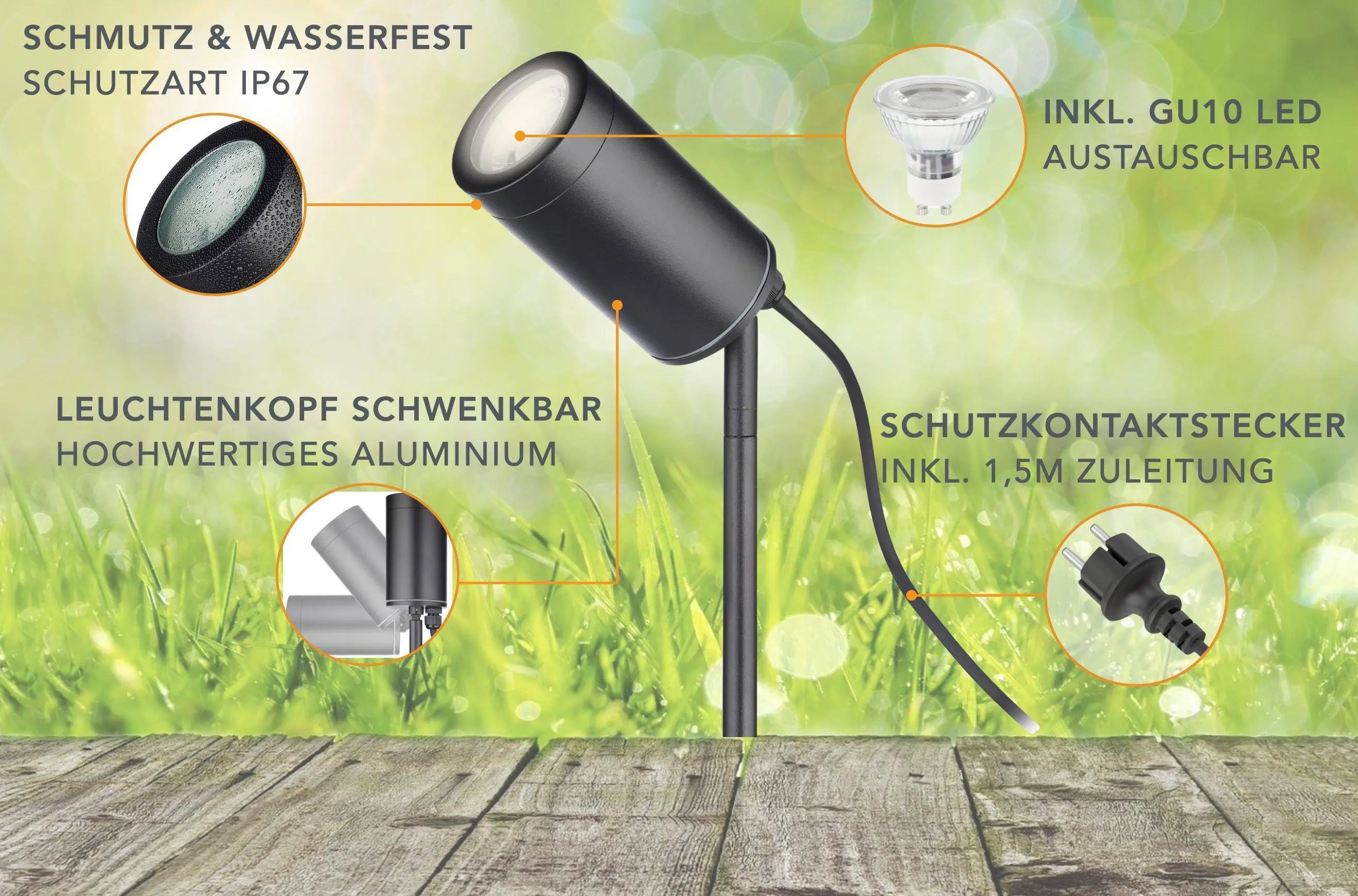 Gartenstrahler mit Erdspieß IP67 inkl. LED GU10 3W 230V Milchglas