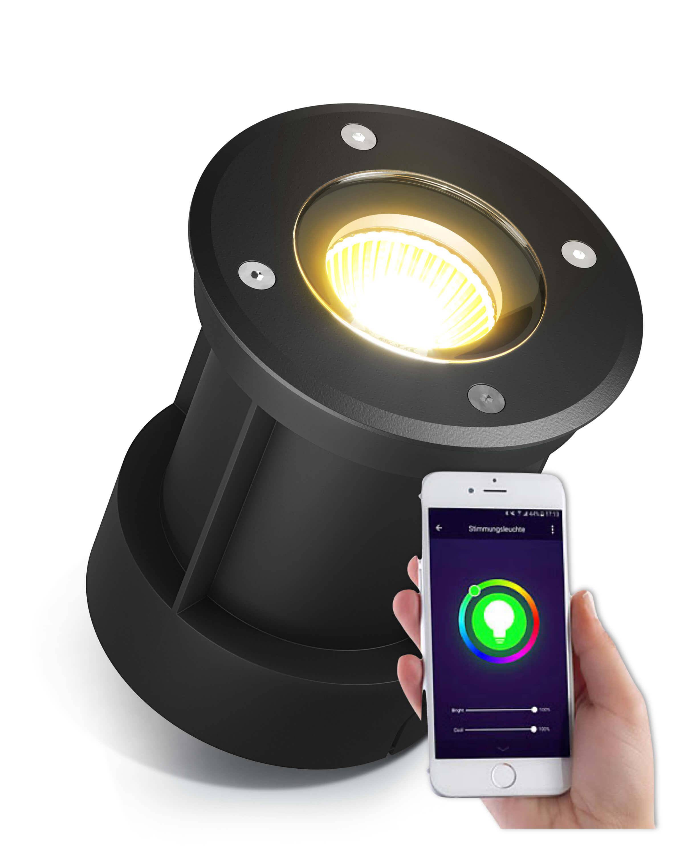 LED Bodenstrahler IP67 Schwarz rund mit RGB - Smart Home per App - Alexa & Google