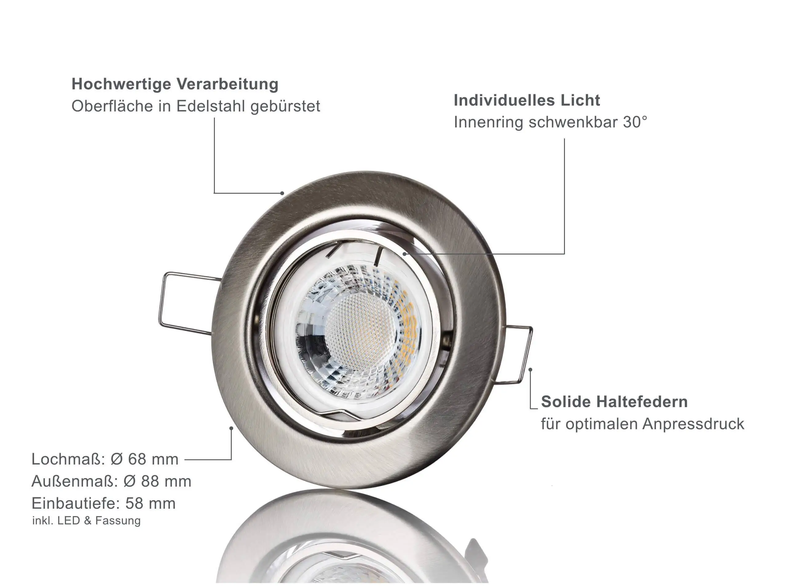 LED Einbaustrahler Dimmbar - Edelstahl gebürstet Rund 5W GU10 LED - Classico