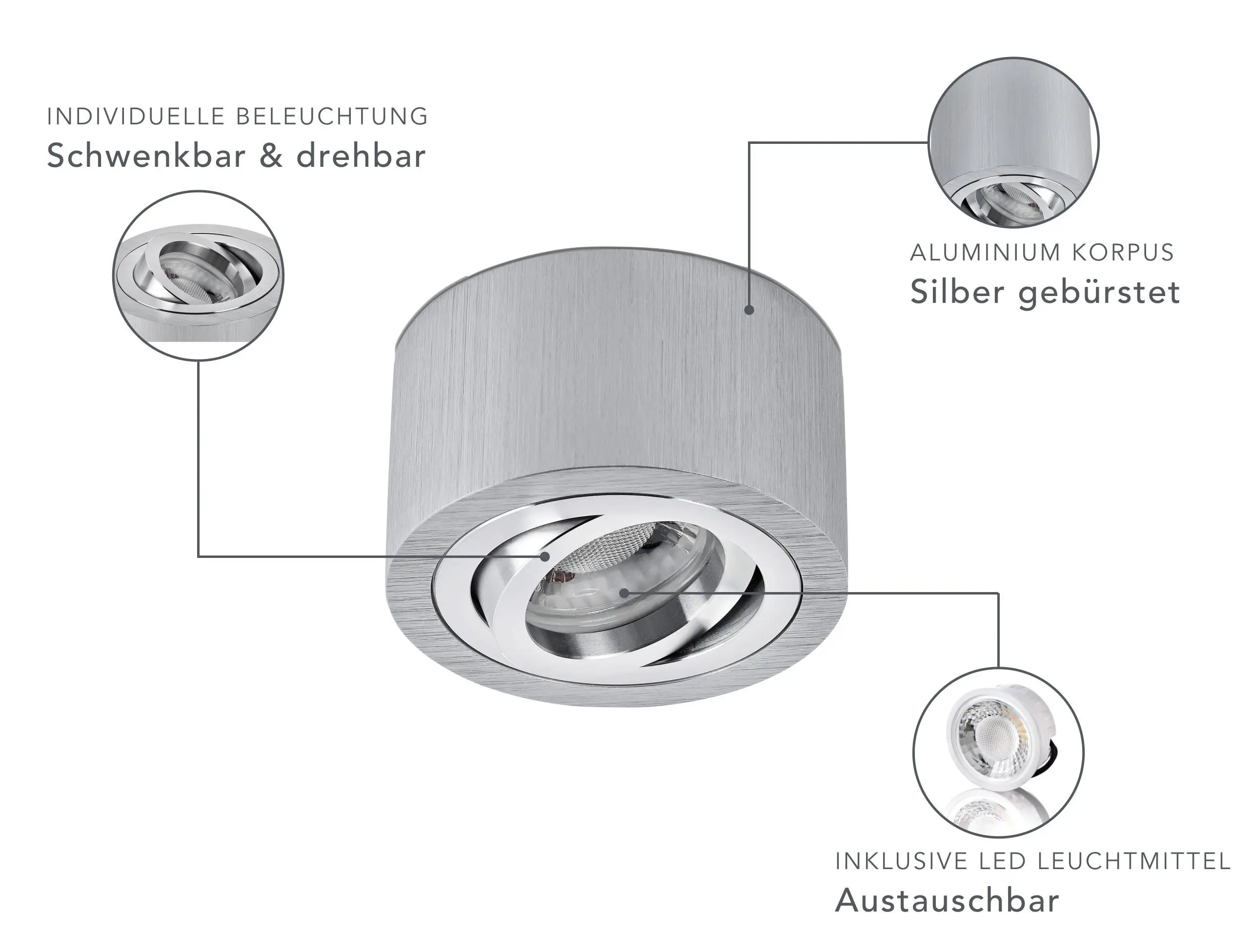 LED Aufbaustrahler Flach - Alu gebürstet Rund 230V 5W Dimmbar - Tablo