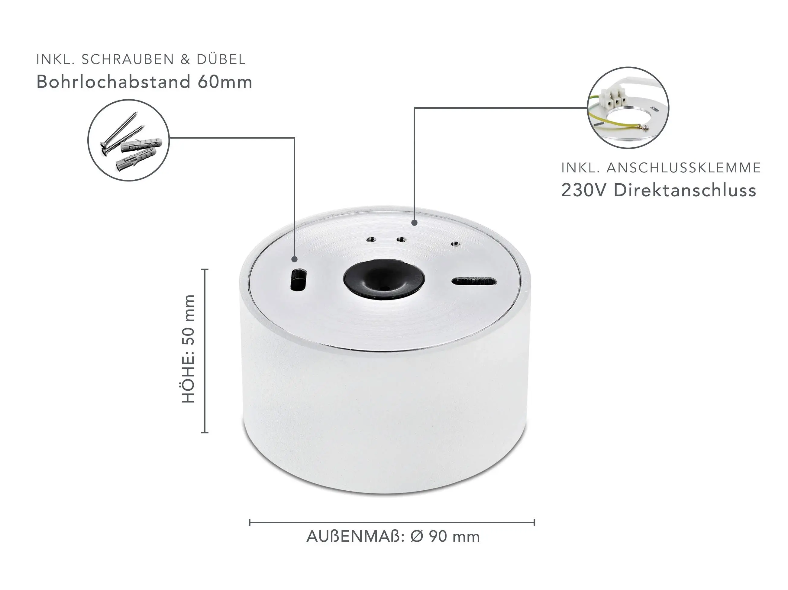 LED Aufbaustrahler IP44 Flach in Weiß Rund 230V 5W Dimmbar 120° - Tablo