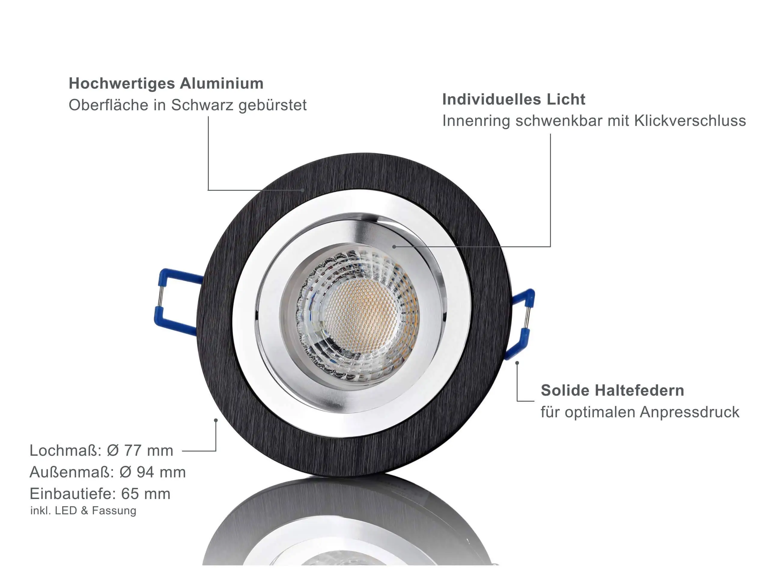 LED Einbaustrahler Dimmbar - Alu gebürstet Schwarz Rund 5W GU10 LED - Designo