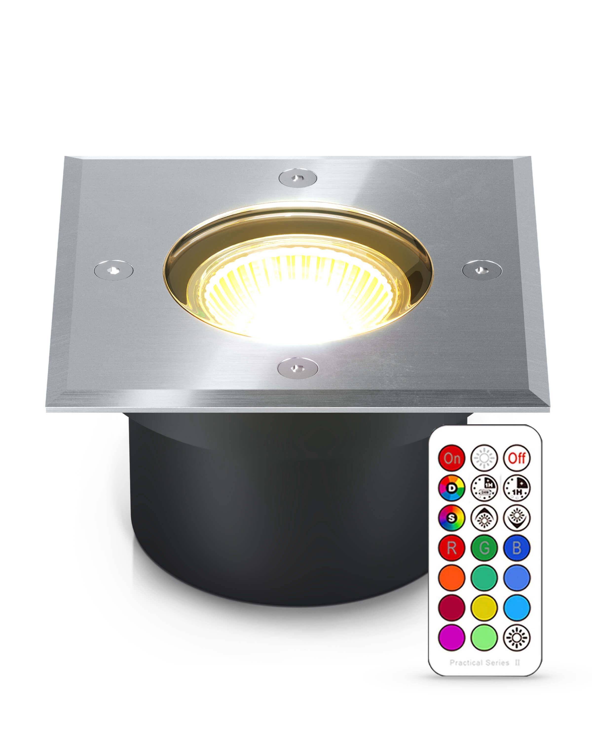 Flacher LED Bodeneinbaustrahler IP67 mit RGB Farbwechsel - Edelstahl gebürstet Eckig