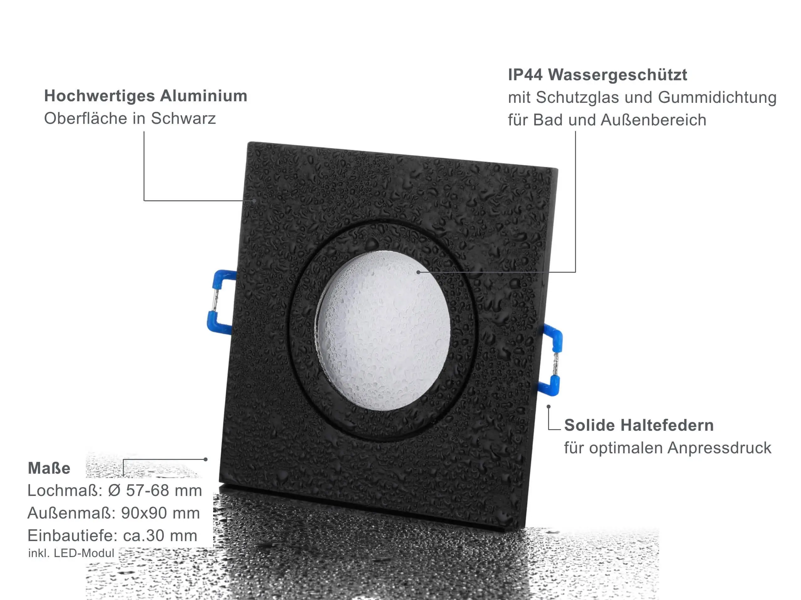 LED Einbaustrahler Flach IP44 - Schwarz Eckig 5W Dimmbar 120° - Agua