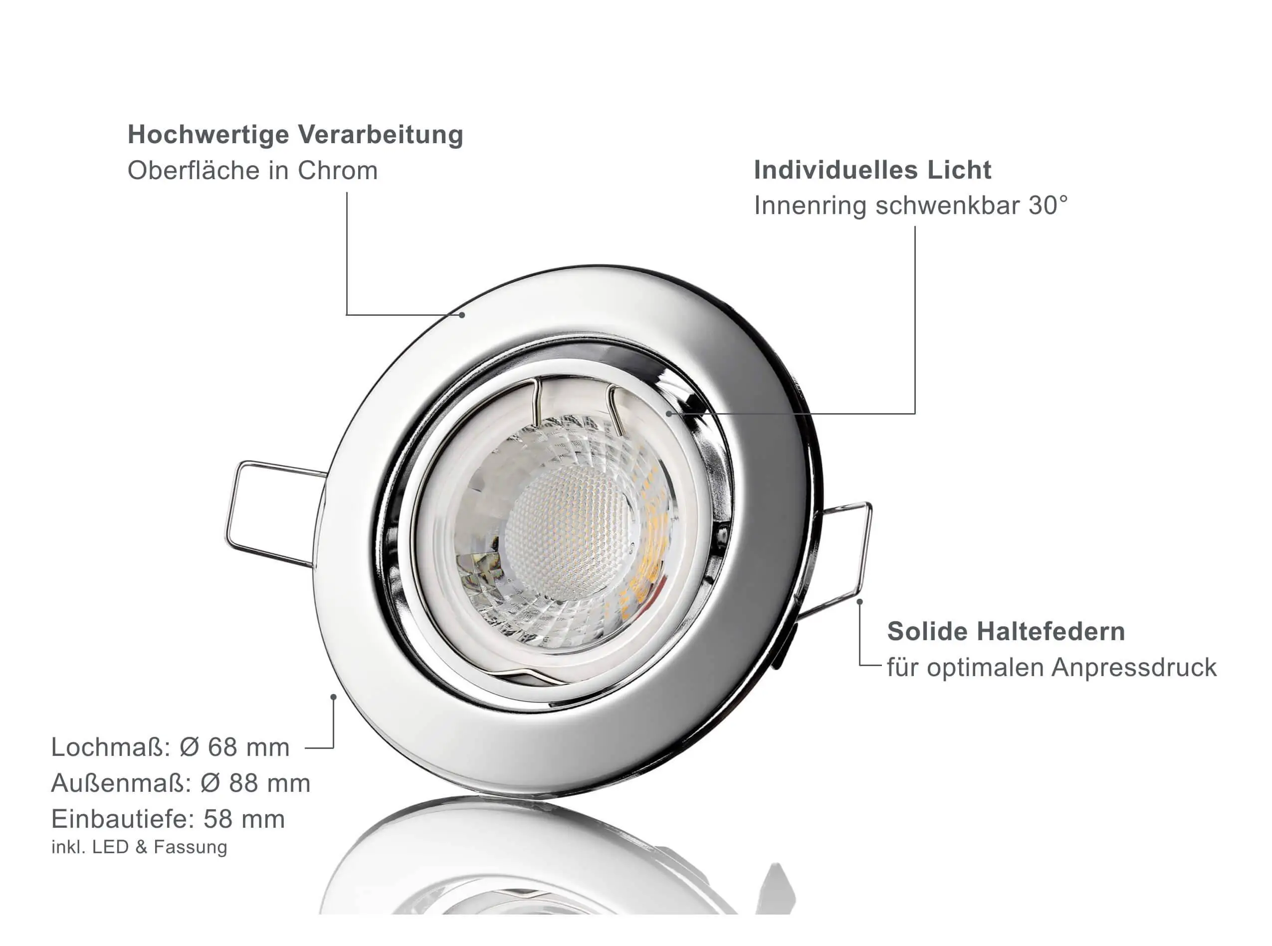 LED Einbaustrahler 230V - Chrom Rund 5W GU10 LED - Classico