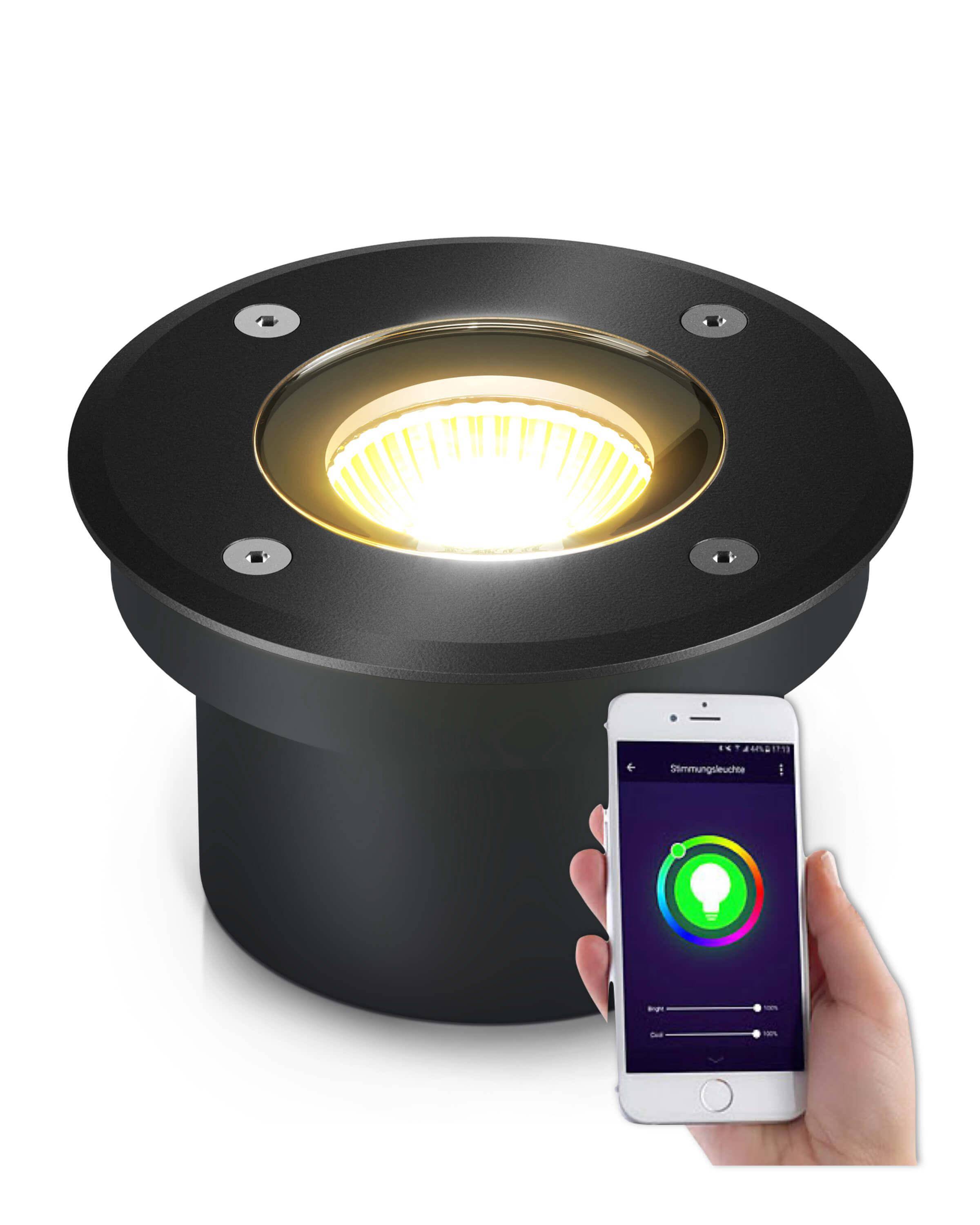 LED Bodenstrahler IP67 mit RGB & Smart Home Alexa / Google - flach, schwarz, rund