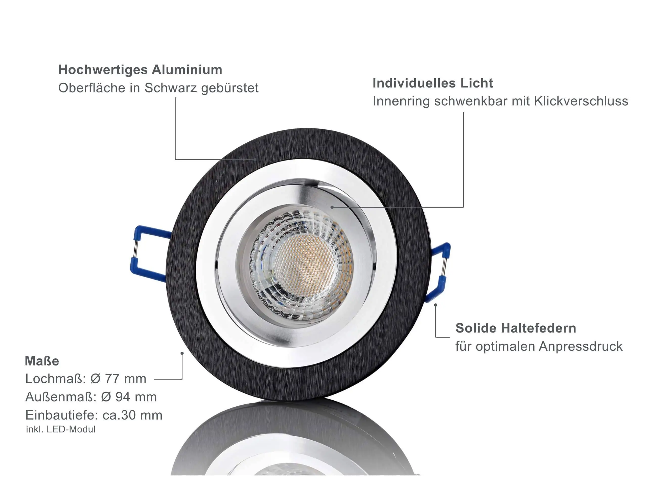 LED Einbaustrahler Flach - Schwarz gebürstet Rund 5W LED Dimmbar - Designo