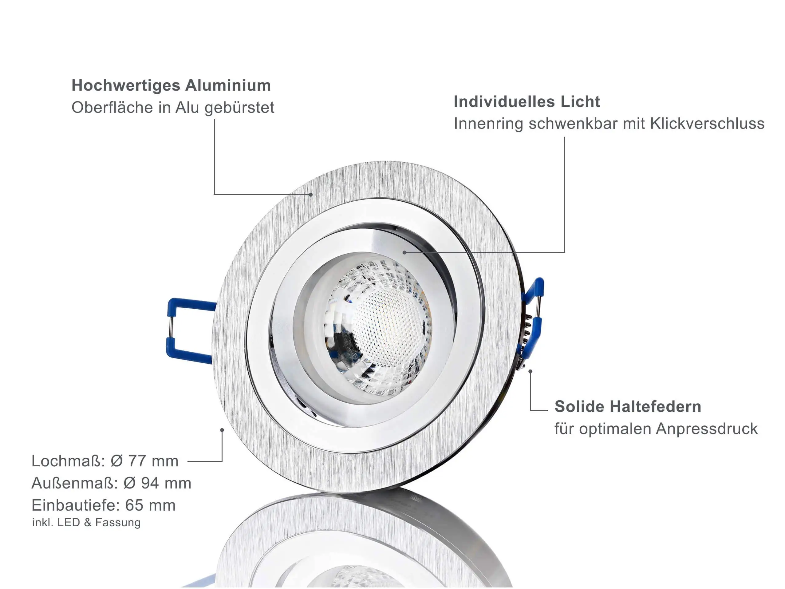 LED Einbaustrahler Dimmbar - Alu gebürstet Rund 5W GU10 LED - Designo