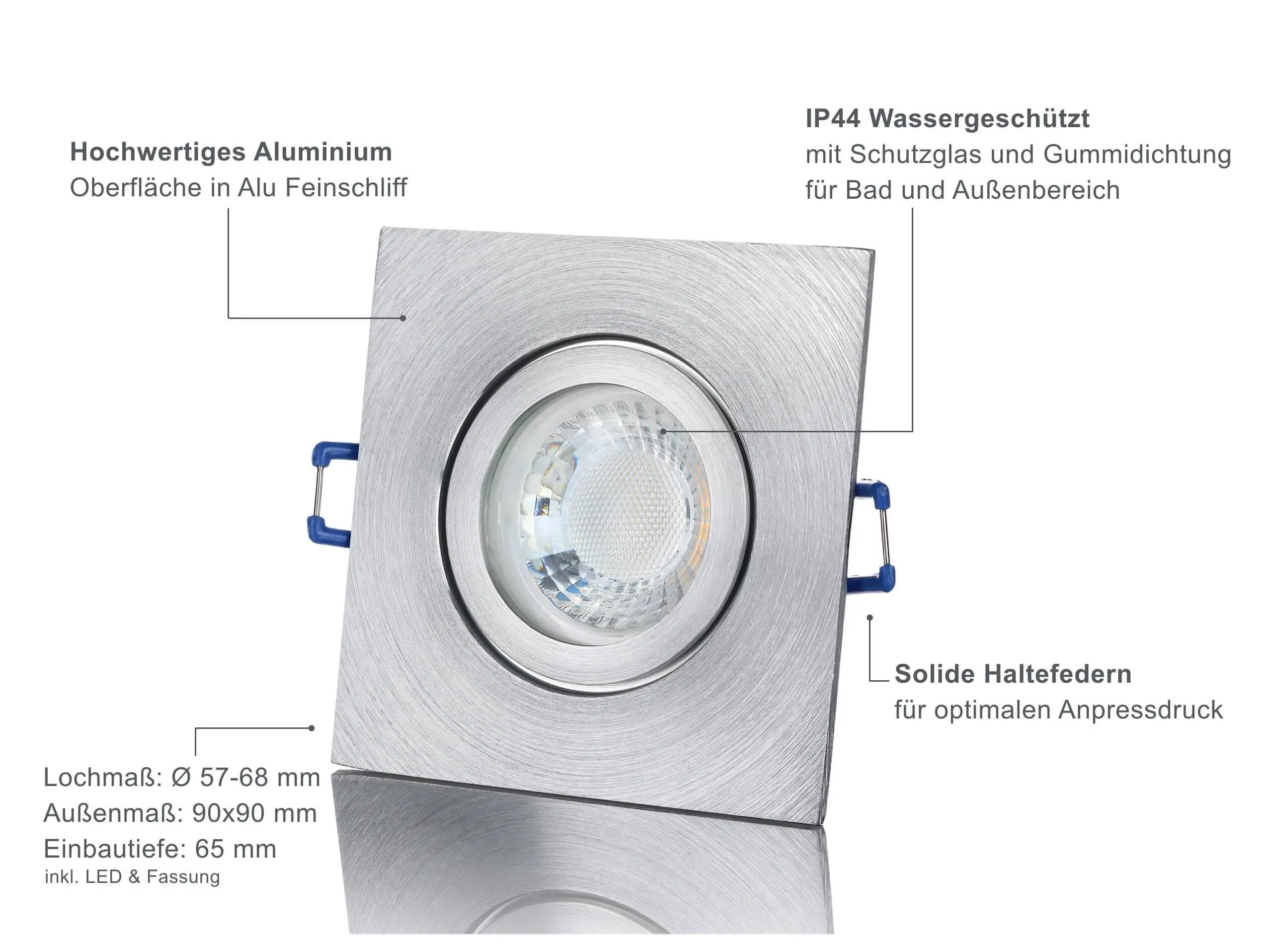 LED Einbaustrahler IP44 - Alu Feinschliff Eckig 5W GU10 LED - Agua