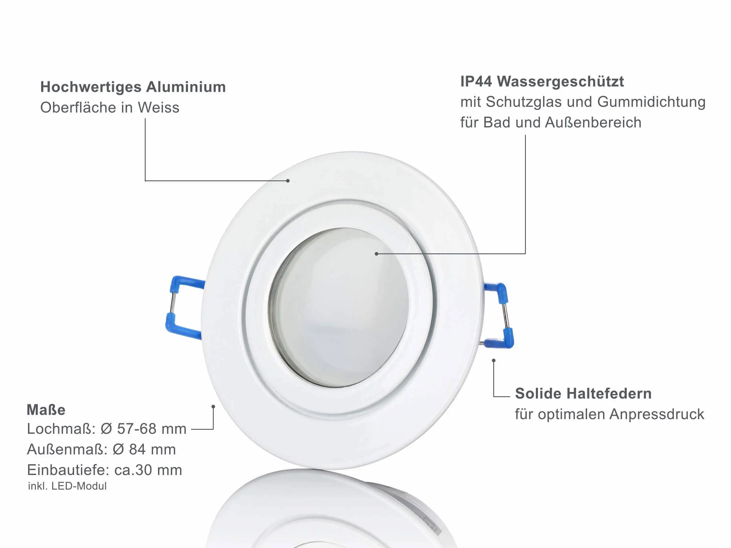 LED Einbaustrahler Flach IP44 - Weiß Rund 5W Dimmbar 120° - Agua