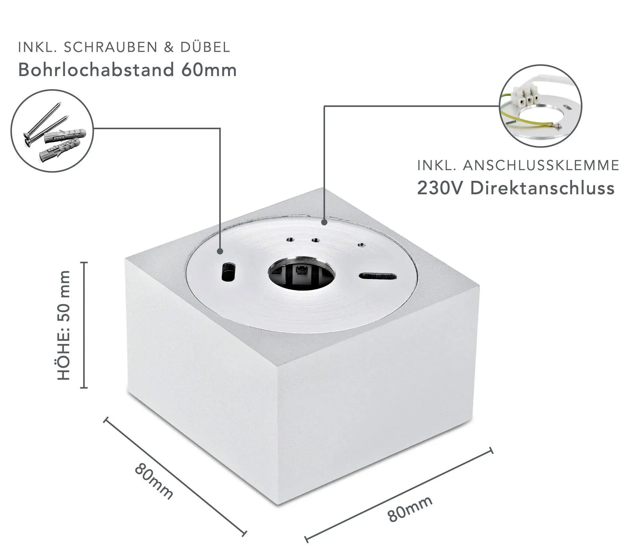 LED Aufbaustrahler Flach - Alu Weiß Eckig 230V 5W Dimmbar 120° - Tablo