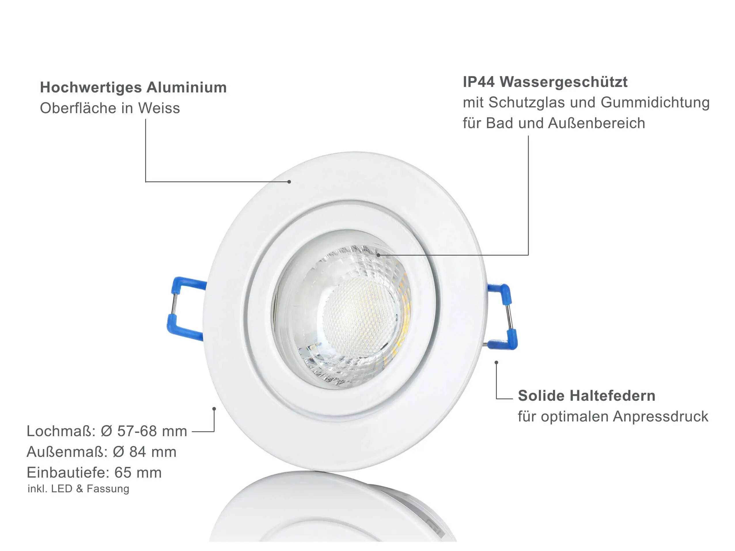 LED Einbaustrahler IP44 - Weiß Rund 5W GU10 LED - Agua