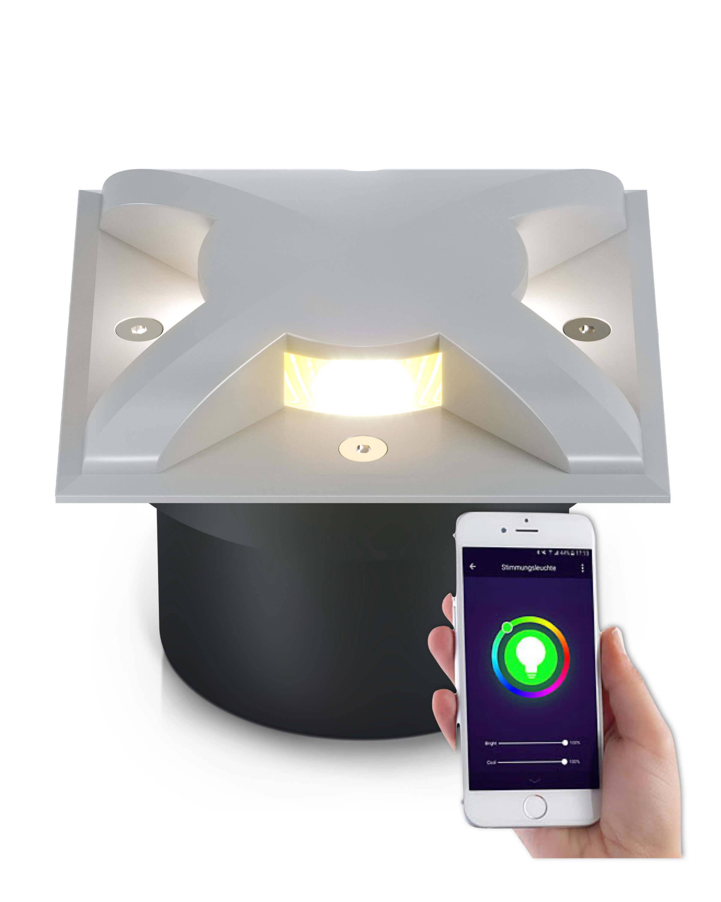 LED Bodenleuchte flach quadratisch Grau 3-flammig mit RGB Farbwechsel - Smart Home Alexa & Google
