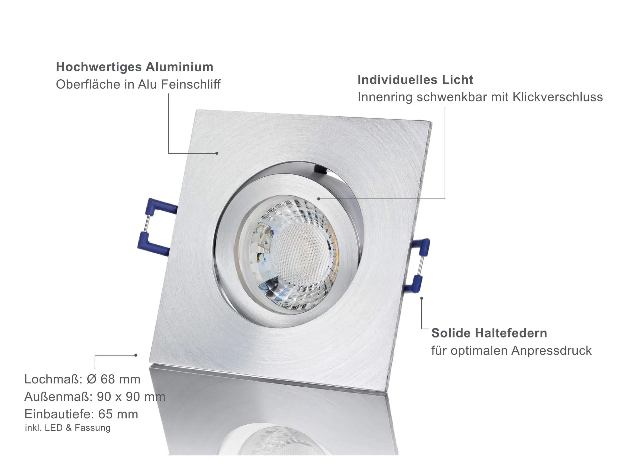 LED Einbaustrahler 230V - Alu Feinschliff Eckig 5W GU10 LED - Rapid