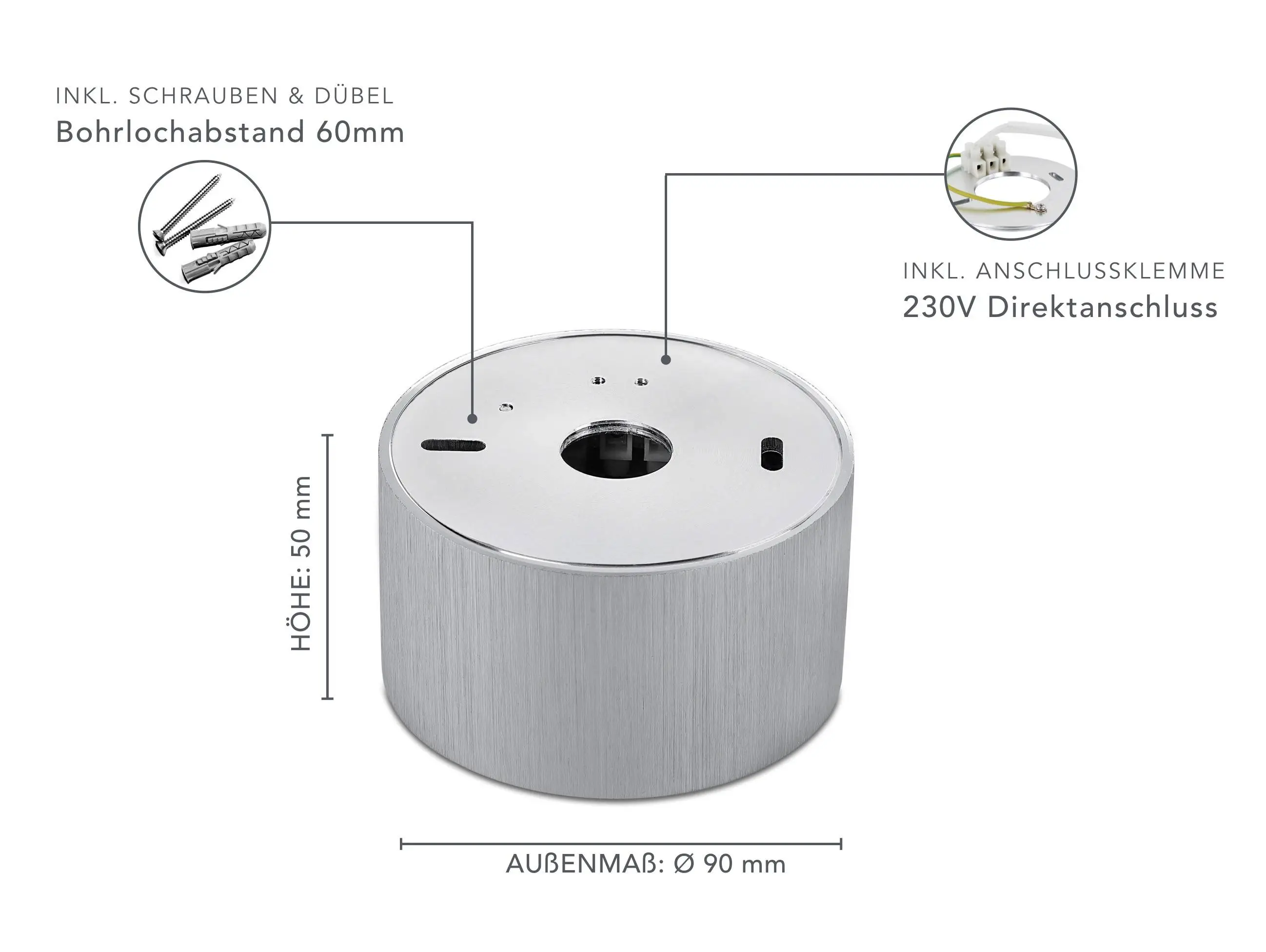 LED Aufbaustrahler Flach - Alu gebürstet Rund 230V 5W Dimmbar 120° - Tablo