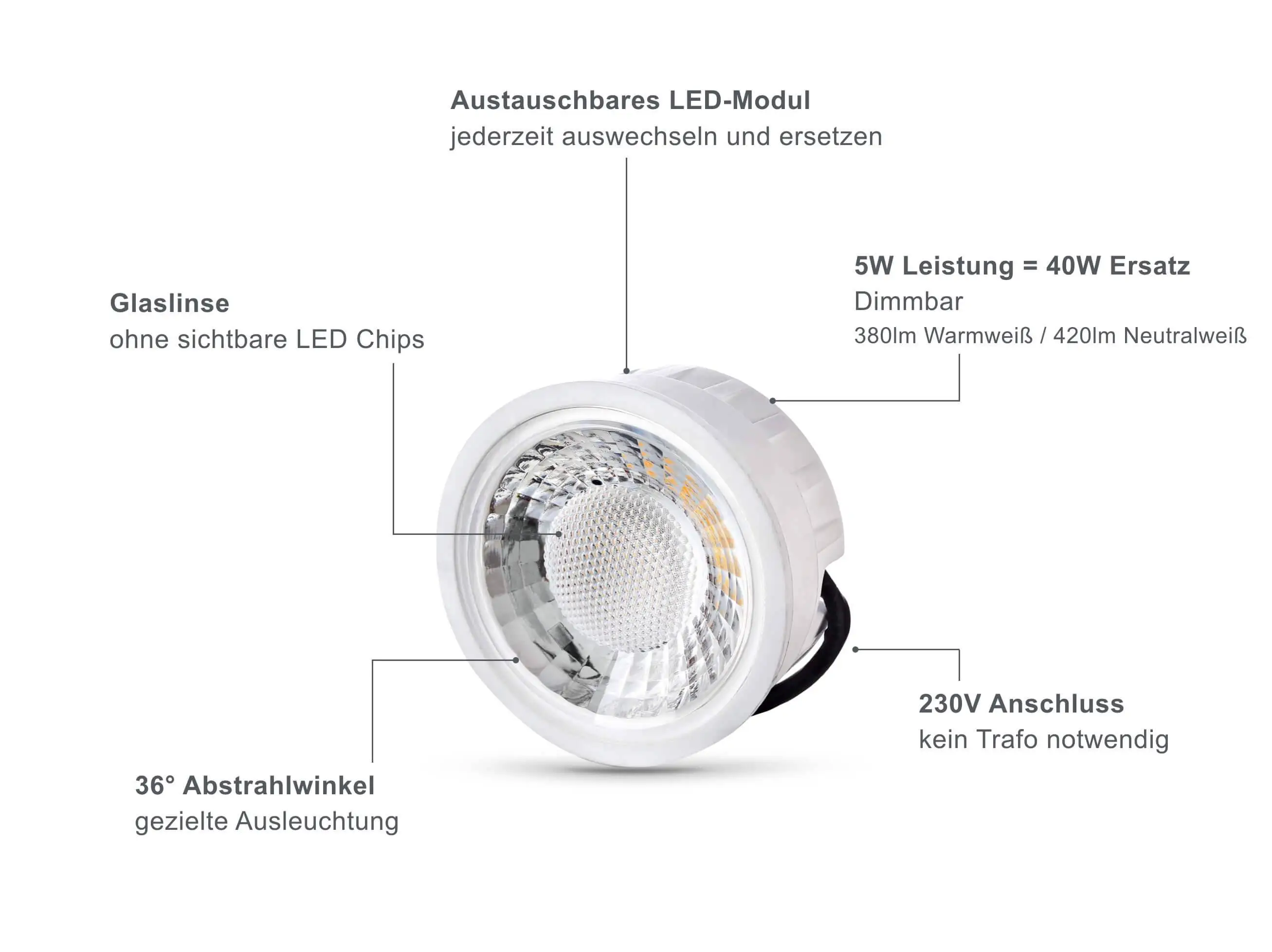 LED Einbaustrahler Flach - Alu gebürstet Rund 5W LED Dimmbar- Esigno